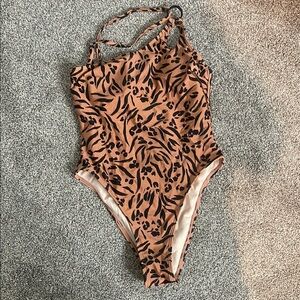 Brown and Black One Piece Bodysuit with Halter Neck and High Leg Design